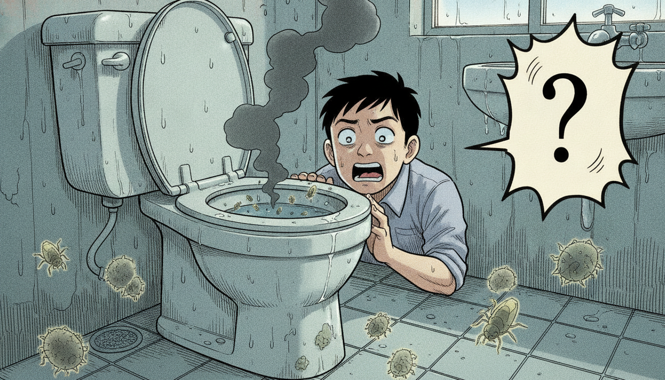 トイレの薄暗い隙間や壁紙の裏など、チャタテムシが好む死角のイラスト
